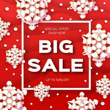 Merry Christmas Big Sale for Promotion. Paper cut Snowflakes banner. Origami Decorations. Snowy winter season. Happy New Year. Square Frame. Text. Snowfall. Red background. Vector