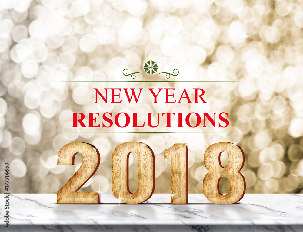 Poster New year resolution 2018 (3d rendering) on marble table at gold sparkle bokeh abstract background,holiday greeting card.