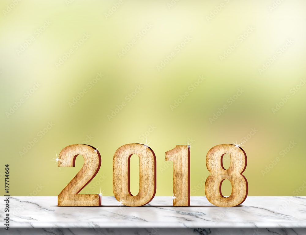 Poster new year 2018 (3d rendering) on marble table at green abstract background,holiday greeting card,leav