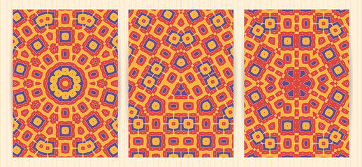 Cards with geometric, ethnic design. Bright colorful templates set. Vector backgrounds for restaurant menu, flyer, business card, brochure, banner, placard etc.