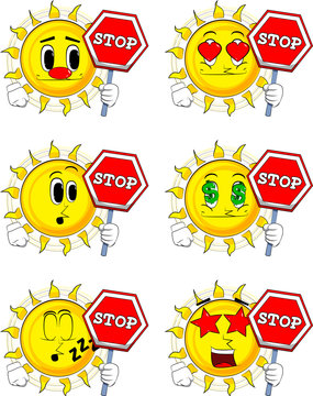 Cartoon sun holding a stop sign. Collection with various facial expressions. Vector set.