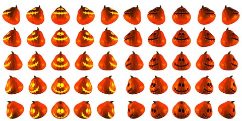 3D Rendering light up and normal of Crazy smile Jack O Lantern or Halloween Pumpkin Head With 25 Difference angle  Isolated White Background.