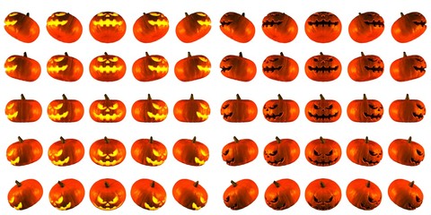 3D Rendering light up and normal of angry smile Jack O Lantern or Halloween Pumpkin Head With 25 Difference angle  Isolated White Background.