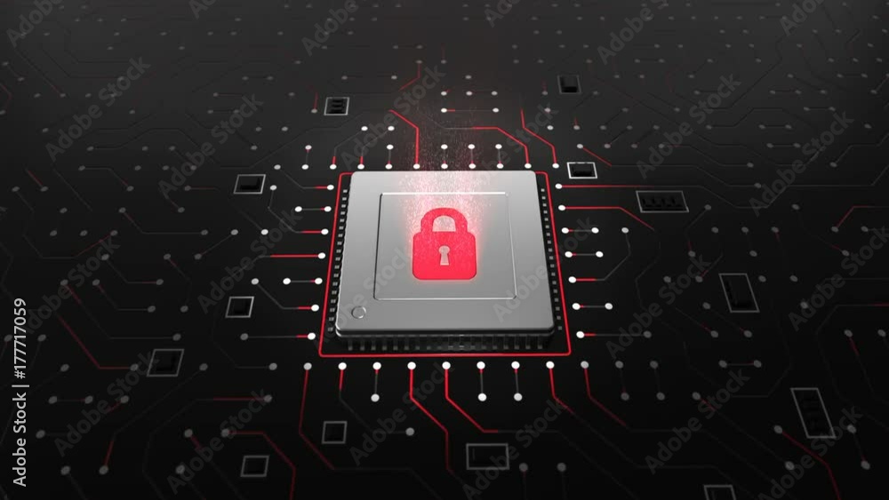 Poster 3d render of a cpu on a motherboard with locked cpu symbol representing cyber security and data prot