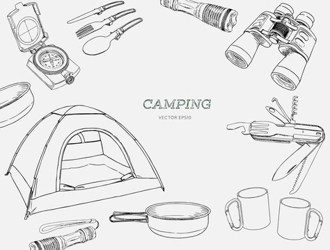 Set Of Hand Drawn Camping Equipment Drawing Vector.