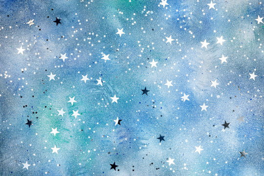 silver stars confetti ornament on blue decorative background with colorful blots