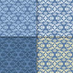 Wallpaper set of blue seamless patterns with floral ornaments