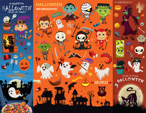 Vintage Halloween poster design with ghost, witch, vampire, mummy, reaper, zombie, pirate character.