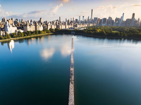 Central Park Reservoir In New York Aerial View