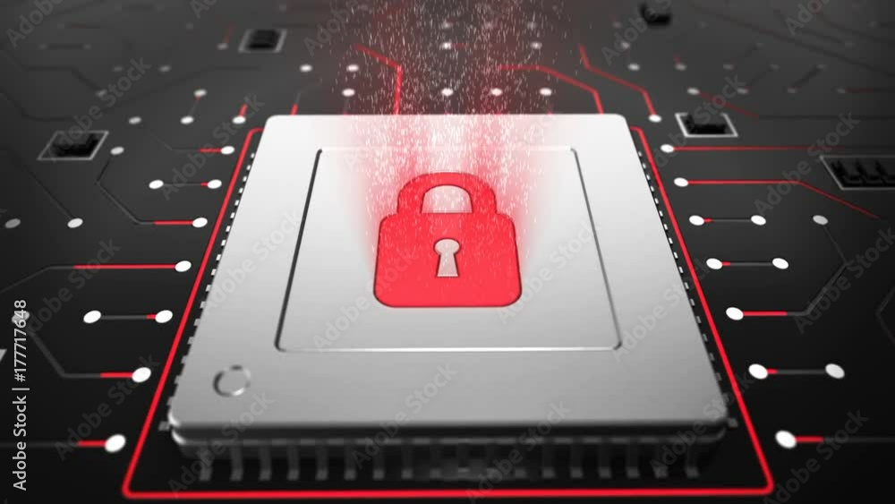 Poster 3d render of a cpu on a motherboard with locked cpu symbol representing cyber security and data prot