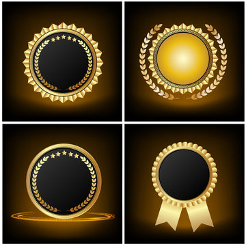 Collection of quality empty badges with gold border. Design elements labels, seals, banners, badges, scrolls,certificate and ornaments .Vector