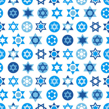 Blue Star of David symbols collection. Jewish seamless pattern