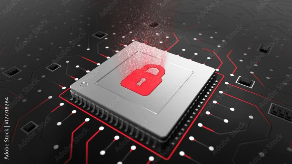 Poster 3d render of a cpu on a motherboard with locked cpu symbol representing cyber security and data prot