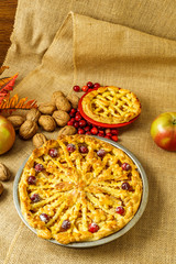 Fall traditional apple pie still life with pumpkin, cranberry and apples.