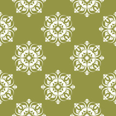 White flower on olive green background. Seamless pattern