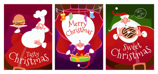 Three Christmas cards with Santa Claus.
