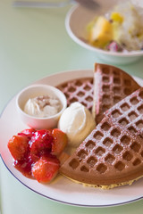 close up strawberries waffles