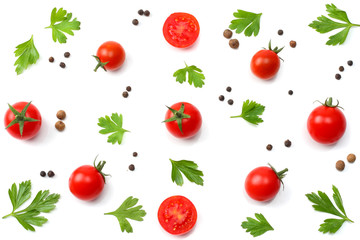 slice of tomato with parsley and spices isolated on white background. top view