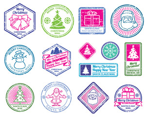 Christmas Santa postage letter stamps. Winter holydays decoration vector set