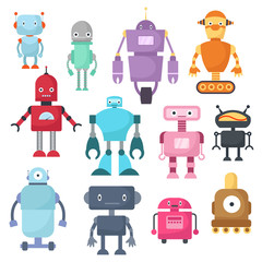 Cute cartoon robots, android and spaceman cyborg isolated vector set - obrazy, fototapety, plakaty