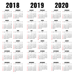 Vector calendar template 2018, 2019 and 2020 years