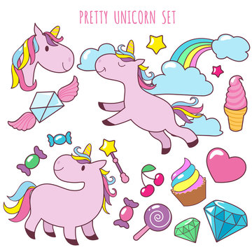 Retro cartoon pink unicorns vector girl fashion patch badges with fancy rainbow, cupcake, ice cream and sweets