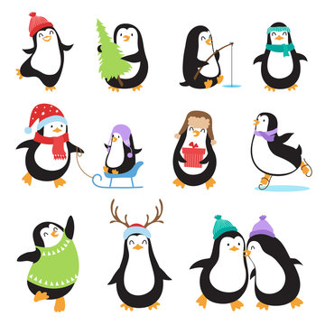 Cute cartoon penguins. Winter holidays vector animals set