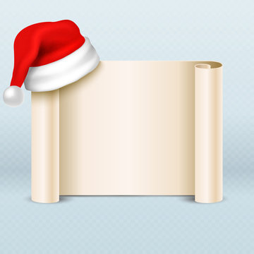 Blank paper parchment scroll with santa claus red hat. Xmas holiday card vector template