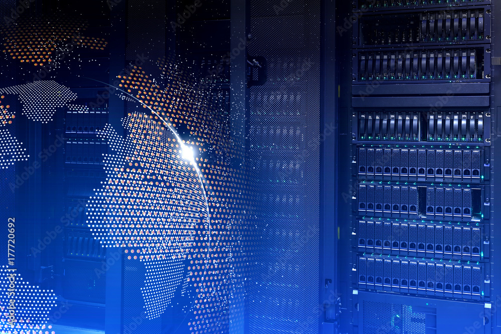 Poster big data concept. servers and storage of modern data center with hologram planet earth