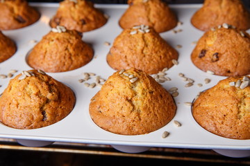 Carrot cupcakes are baked in a hot oven.