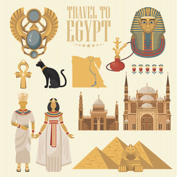 Egypt travel vector. Egyptian traditional icons in flat design. Holiday banner. Vacation and summer.