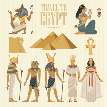 Egypt travel vector. Egyptian traditional icons in flat design. Holiday banner. Vacation and summer.