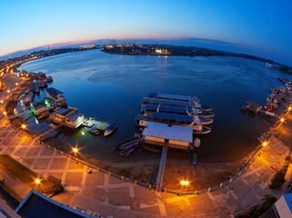 Tulcea port at Danube at blue hour. The Port of Tulcea is one of the largest Romanian river ports. 