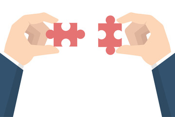 Businessman hands  holding puzzle. Teamwork concept. Vector illustration in flat style