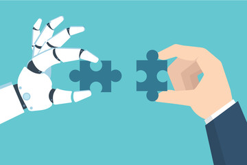 Robot and Businessman Hand holding puzzle. Partnership with a robot concept. Vector illustration in flat style - obrazy, fototapety, plakaty