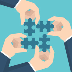 Businessman hands holding puzzle. Teamwork concept. Vector illustration in flat style