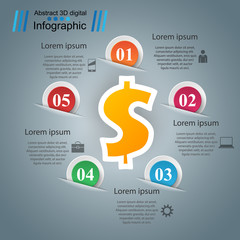 3D infographic design template and marketing icons. Dollar icon. Money icon.