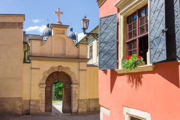 Small courtyard among historical buildings in Lviv, Ukraine