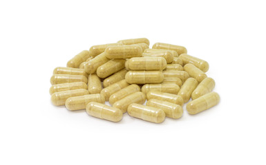 Capsules with dietary supplements on a white background