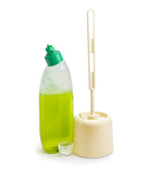 White plastic toilet brush and toilet cleaner