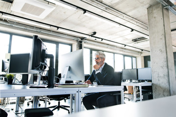 Mature businessman in gray suit in the office.