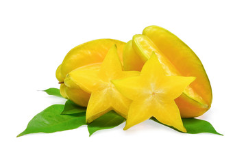 Fototapeta premium star apple fruit with green leaves isolated on white background