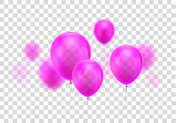 Realistic pink balloon. Three helium balloon in the foreground and a few balloon of blur. Festive symbol. Vector illustration on transparent background