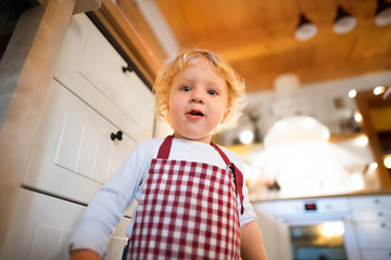 Toddler boy in the kitchen at Christmas time.