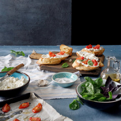 Italian bruschetta with baked tomatoes, basil, cheese on crusty bread