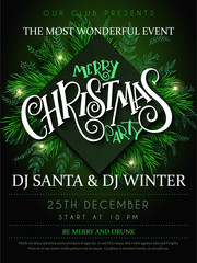 Vector illustration of christmas party poster with hand lettering label - christmas - with fir-tree branches - 177723022