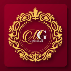 Gold graceful frame. Decorative floral border. Heraldic symbols. Monogram initials and exclusive calligraphic design elements. Vector business sign, identity for hotel, restaurant, jewelry, fashion.