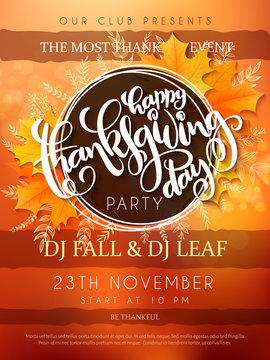 Vector illustration of thanksgiving party poster with hand lettering label - happy thanksgiving day- with autumn doodle leaves and realistic maple leaves
