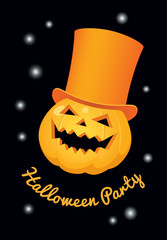 Vector cartoon illustration. A pumpkin in an orange top hat on a black background. Vertical format, text 'Halloween party'.
