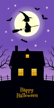 Vector illustration. A black silhouette of bats and a witch flying on a broomstick against the backdrop of a full moon. A rural house with lighted windows, trees and a fence. Text 'Happy Halloween'.